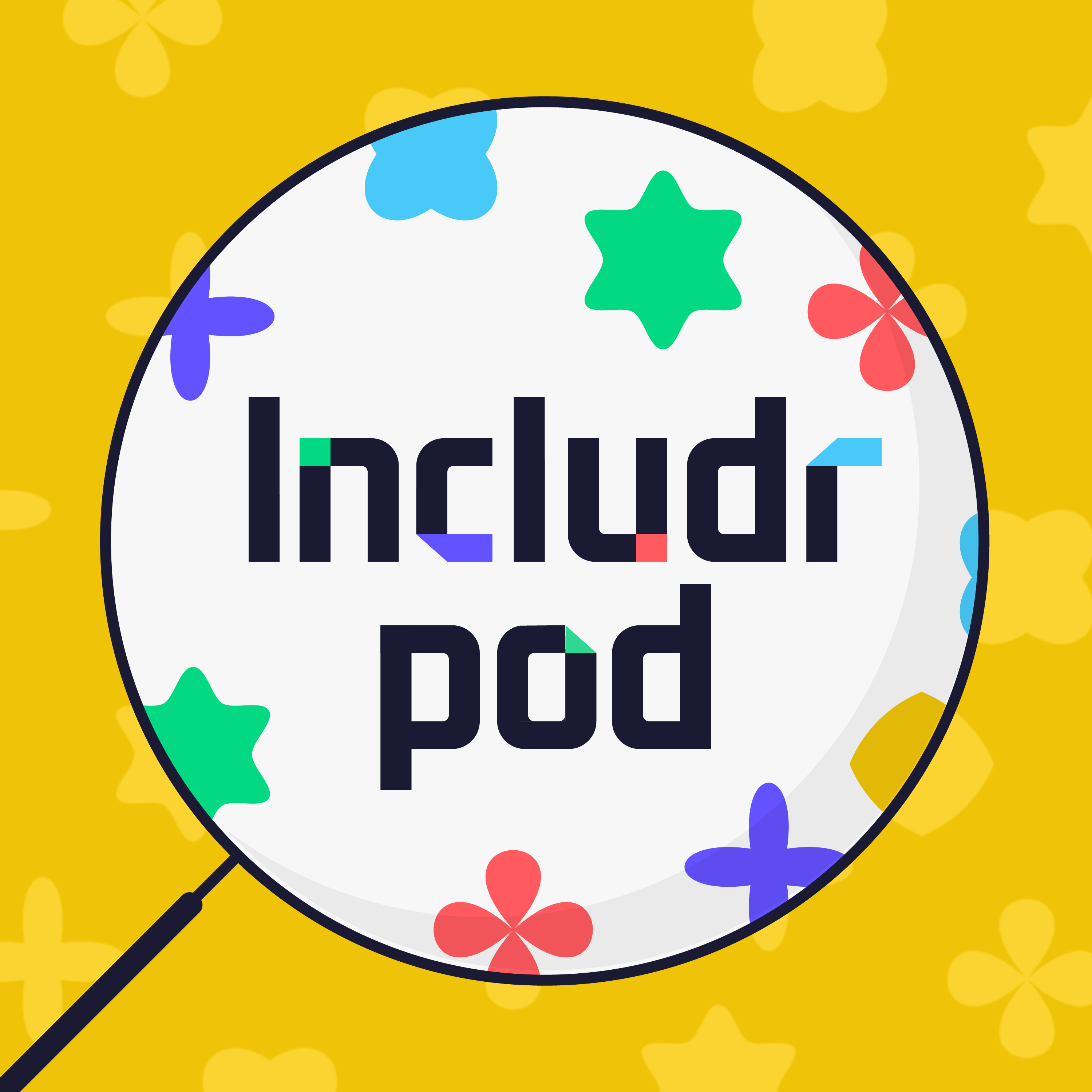 IncludrPod cover photo with yellow background, and a magnifying glass with IncludrPod inside the lens