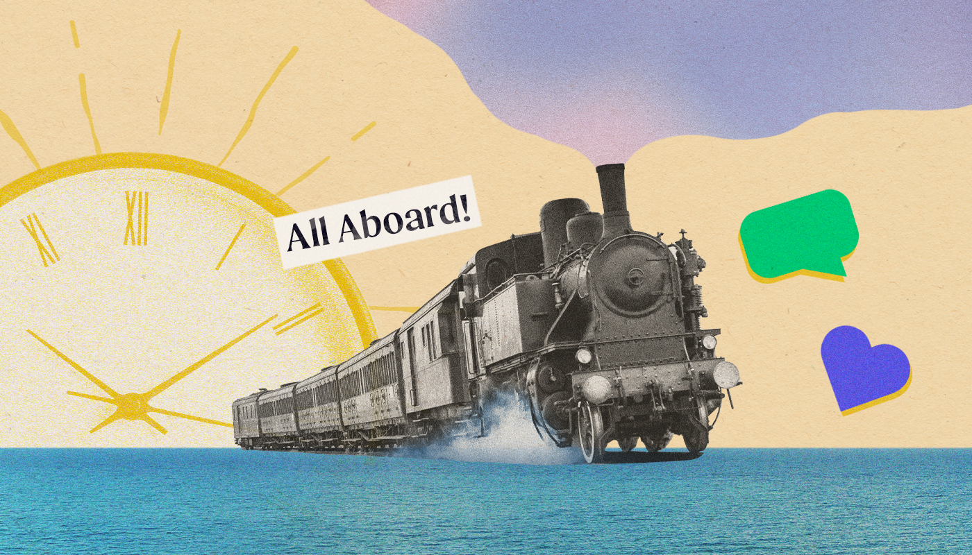 In a collage style design, a black and white train looks like it's coming towards the viewer over a sea of water. In the background, a yellow clock poses as the sun in the horizon. We read 
