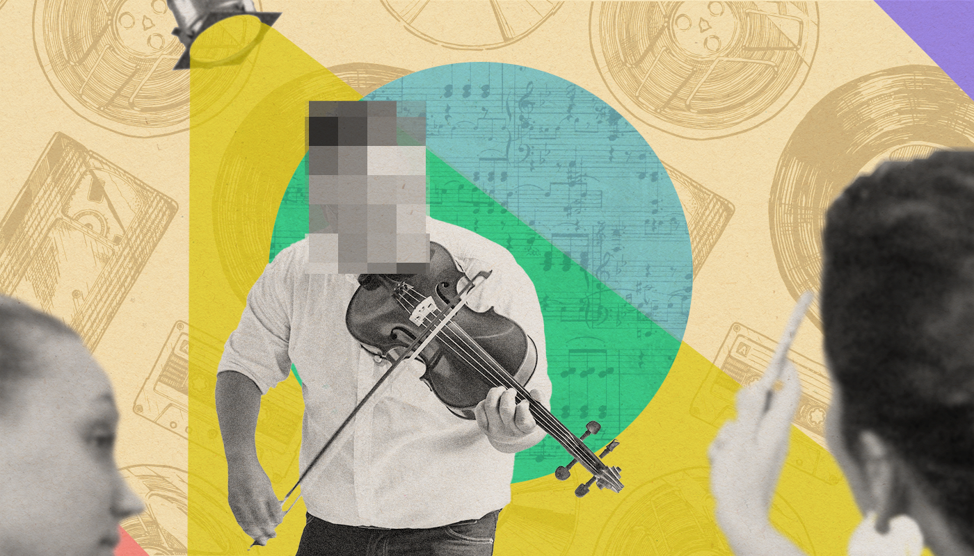 With a spotlight on them, we see someone in black and white playing the violin. Their face is blurred in the pixel style