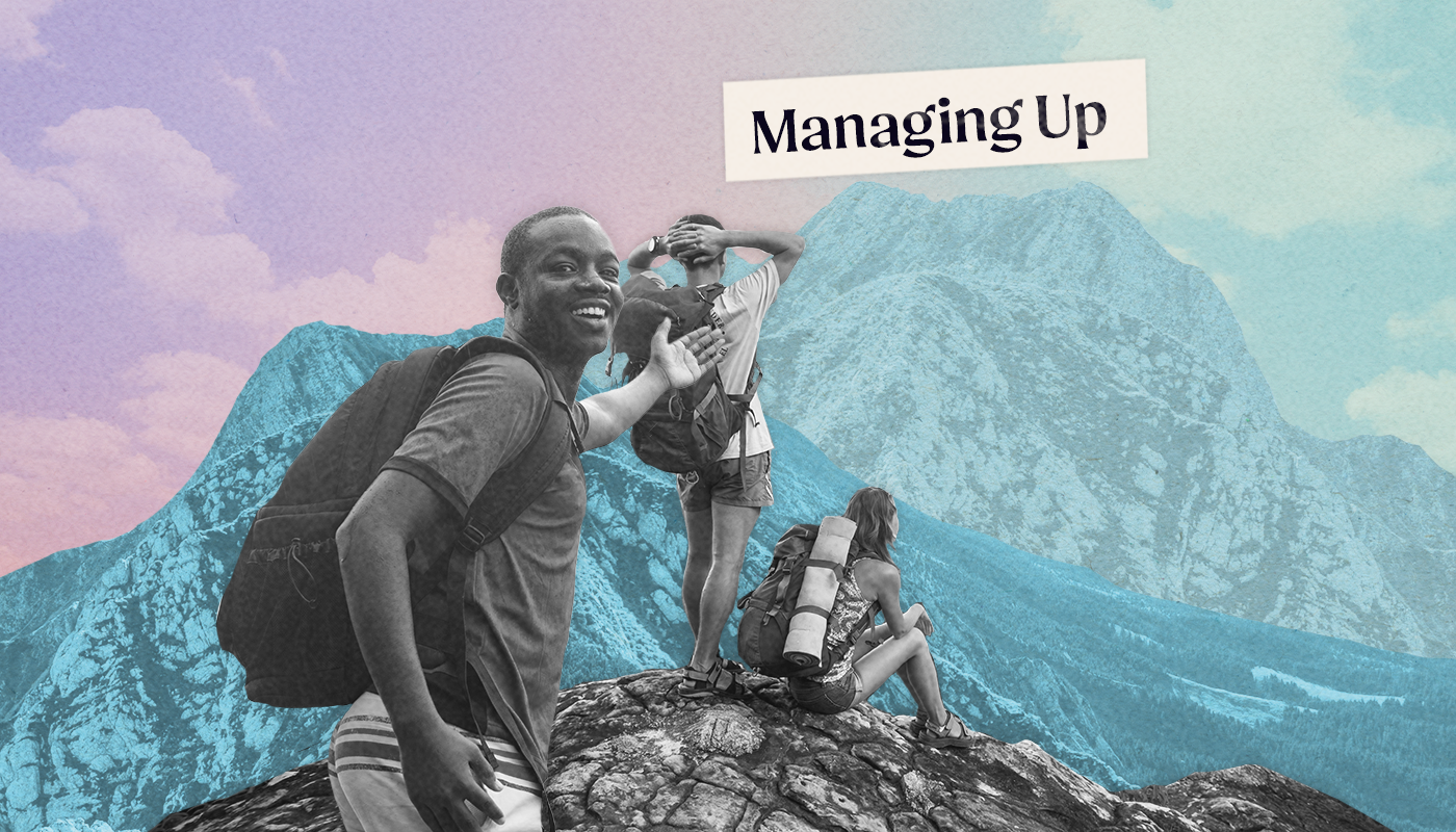 In a collage style design, we see three people on a mountaintop. The person closest to the viewer points off to the distance over the mountain range where we see the words 