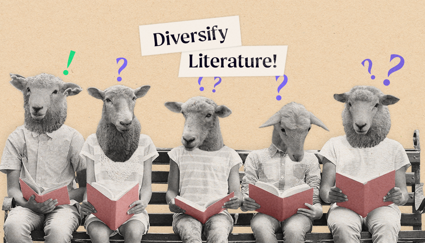 Children with sheep heads sit on a bench reading the same book. We see exclamation points and question marks around their heads. The words read: Diversify Literature.