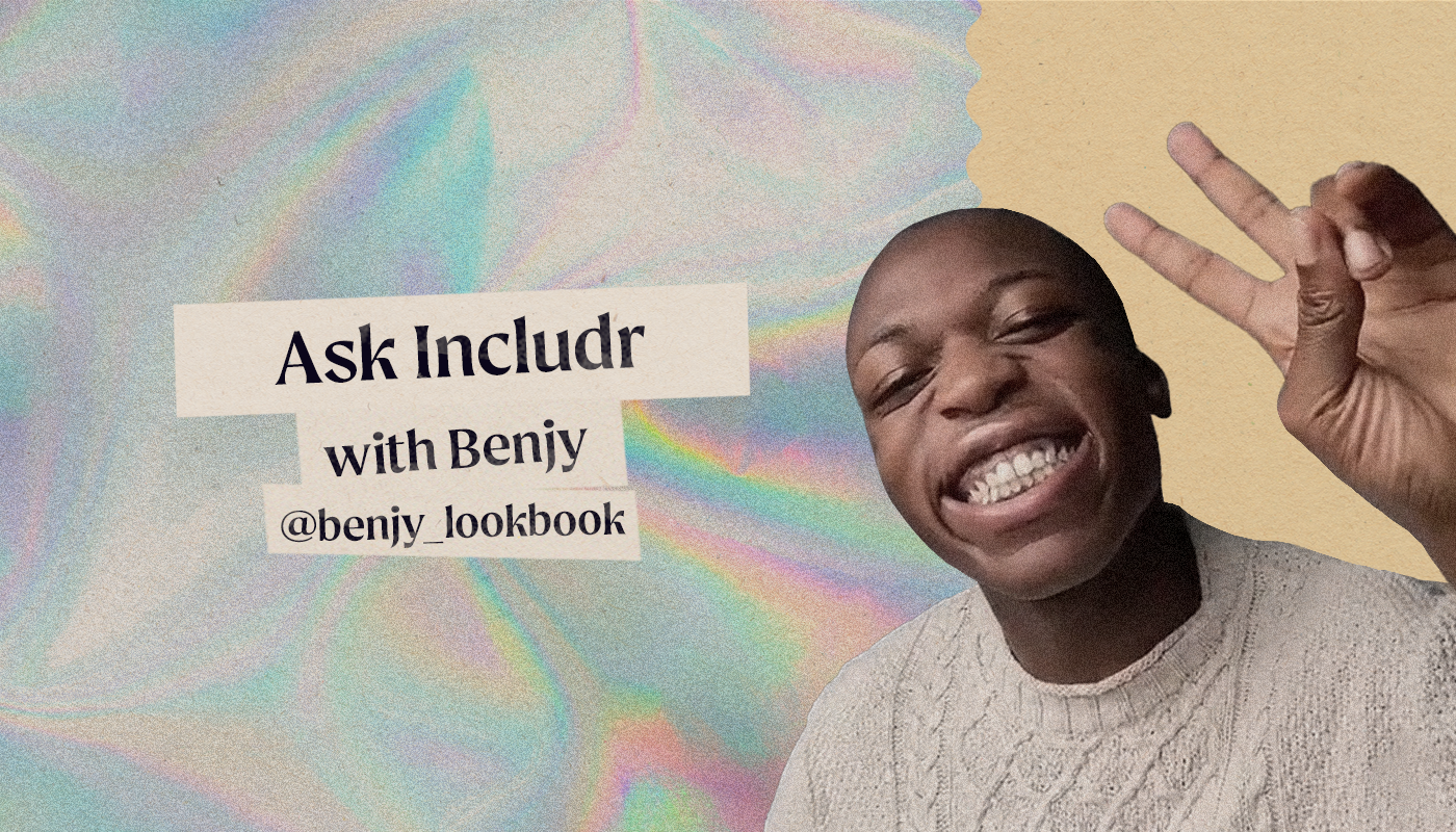 The title Ask Includr: Apologies and Allyship is in a collage style piece, we see Benjy hold up the peace sign